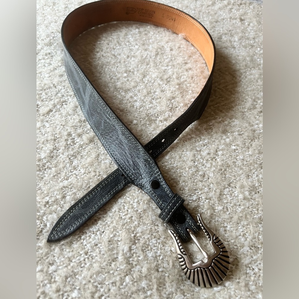VTG 90’s Justin Gray Leather Tapered Belt Silver Navajo Ranger Buckle, Size S - Picture 4 of 9